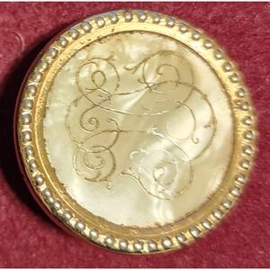 VTG General Mfg Mother of Pearl Monogrammed Round Gold Tone Brooch Pin USA